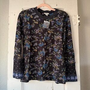 Sundance LP Black Floral Waffle Knit Top Boho Petite Large Thermal
